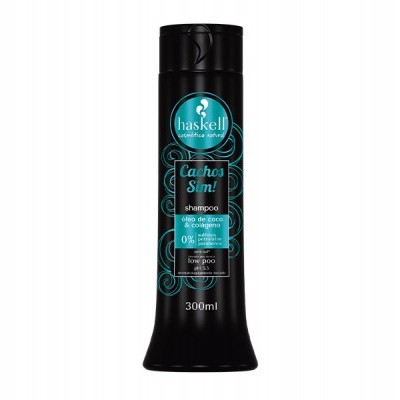 Frasco preto de shampoo Haskell Cachos Sim! com detalhes azuis e texto branco