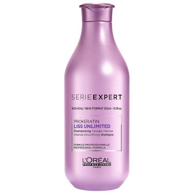 Frasco rosa metálico de champô L'Oréal Série Expert Prokeratin Liss Unlimited