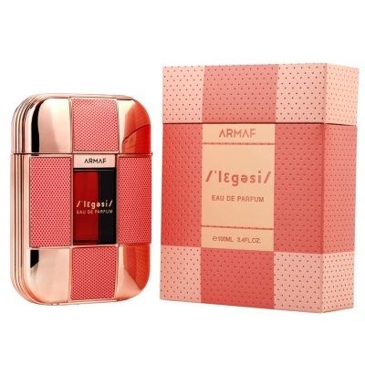 Frasco e caixa de perfume Armaf Legion em vermelho e rosa com detalhes dourados.