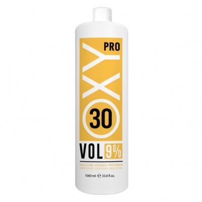 Frasco branco de plástico com etiqueta amarela e branca, produto PRO OXY 30 VOL 9%, 1000 ml.