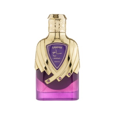 Frasco de perfume roxo com tampa dourada e etiqueta triangular roxa