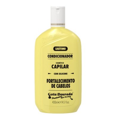 Frasco amarelo de condicionador capilar Gota Dourada com texto preto