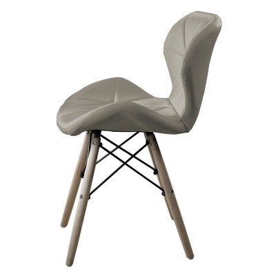 Cadeira cinzenta estofada com pernas de madeira clara e suportes metálicos pretos