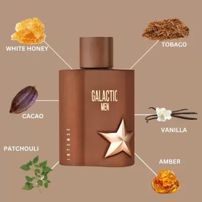 Perfume marron Galactic Men Intense com estrela e notas de ingredientes