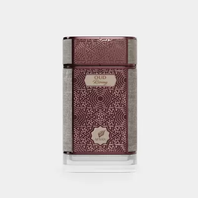 Frasco de perfume OUD Rising Afnan com design geométrico vinho e bege