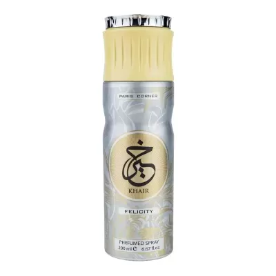Spray perfumado KHAIR FELICITY com tampa amarela e frasco prateado com detalhes dourados