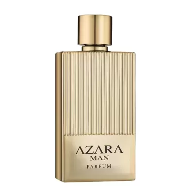 Frasco dourado de perfume masculino com textura riscada e texto AZARA MAN PARFUM