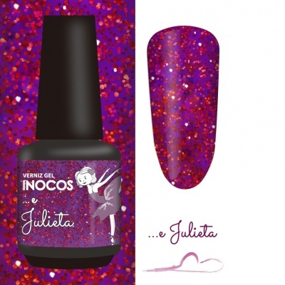 Verniz gel roxo com brilhos vermelhos e dourados da marca Inocos chamado Julieta.