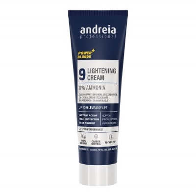Creme clareador Andreia Professional Power Blonde 9 Lightening Cream em tubo azul escuro com tampa branca