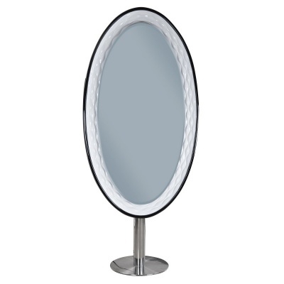 Espelho oval com moldura branca texturada e base metálica prateada