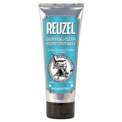Tubo metálico de creme para cabelo Reuzel Grooming Cream com rótulo azul