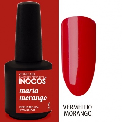 Verniz gel INOCOS cor vermelho morango com amostra de unha pintada