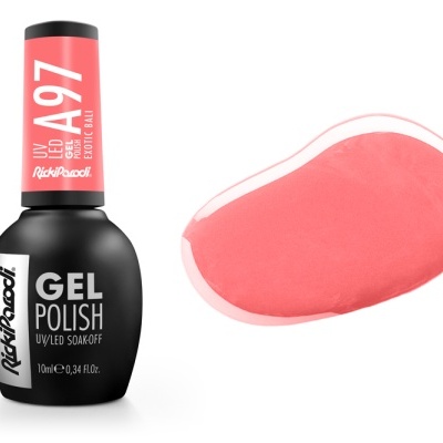 Esmalte em gel cor coral em frasco preto com tampa vermelha e amostra da cor aplicada