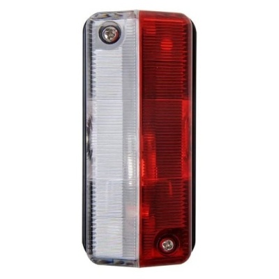 Farol traseiro de veículo com partes branca e vermelha e parafusos