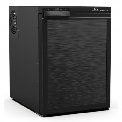 Arca congeladora preta Blizz-E F50 com painel digital e ventoinha lateral.