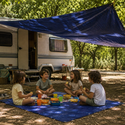 Quatro crianças sentadas num tapete azul sob toldo azul em floresta junto a caravana branca