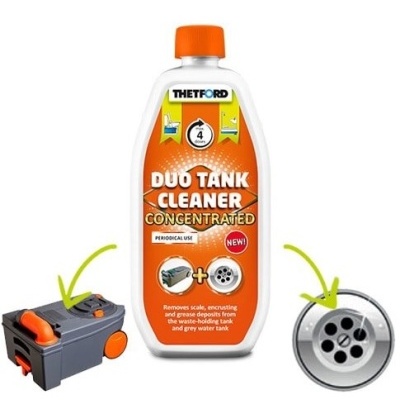 Frasco Duo Tank Cleaner concentrado com tampa laranja e ilustrações de tanque e ralo