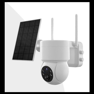 Câmara de vigilância branca com antenas duplas e painel solar preto
