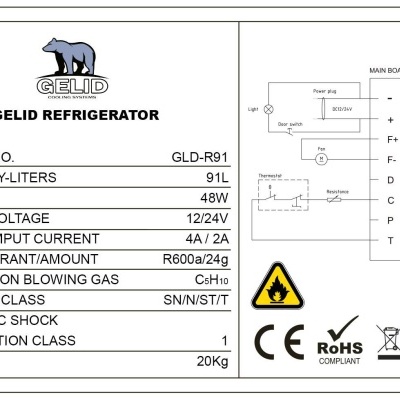 Etiqueta técnica de refrigerador GELID GLD-R91 com especificações e símbolos de conformidade