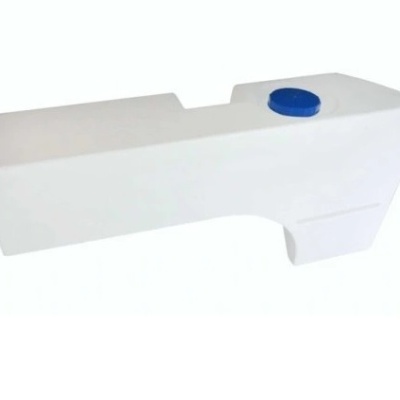 Depósito de plástico branco com tampa azul e formato retangular