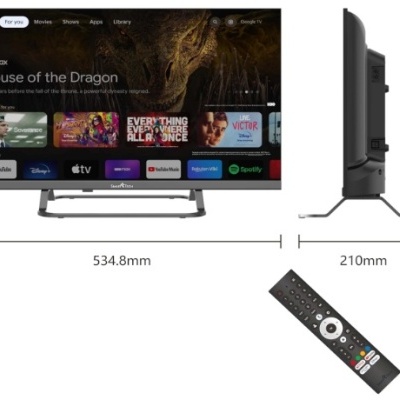 Televisor plano preto com interface de streaming e telecomando preto em fundo branco