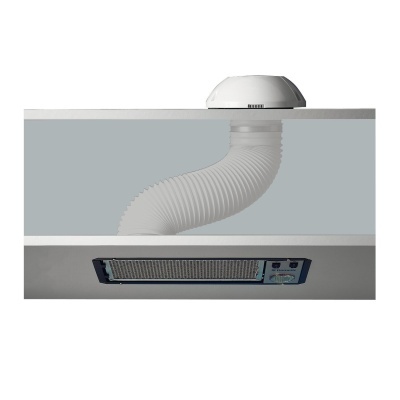 exaustor de cozinha embutido com tubo de ventilação branco e painel de controlo