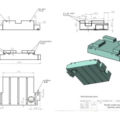 Desenho técnico de reservatório de água com dimensões e conexões