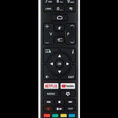 Comando remoto preto com botões coloridos e LOGOTIPOS NETFLIX e YouTube