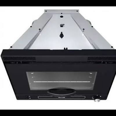 Micro-ondas embutido preto e inox com visor de vidro e botões