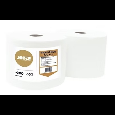 Dois rolos grandes de papel industrial branco com etiqueta JOKER INDUSTRIAL Gold XL