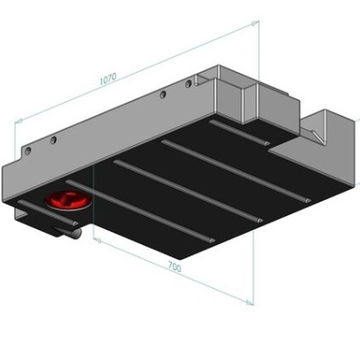 Objeto retangular cinzento com peça vermelha e dimensões