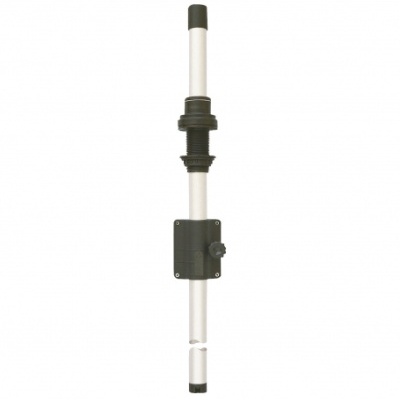Dispositivo tubular longo branco com suporte preto ajustável em fundo branco