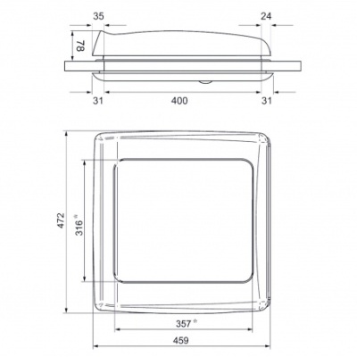 Desenho técnico de claraboia quadrada com medidas em milímetros
