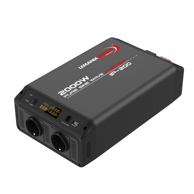 Inversor de onda sine pura preto LEIMANA Electronics IP-200 com tomadas e ecrã digital amarelo