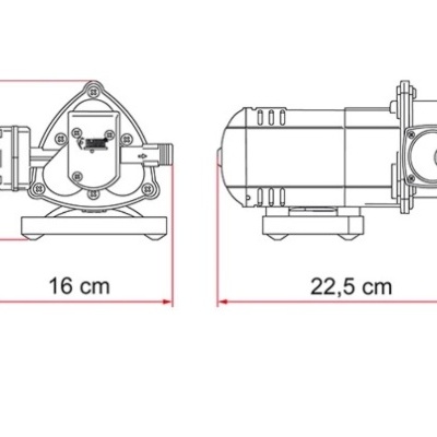 Desenho técnico de bomba elétrica com medidas em centímetros