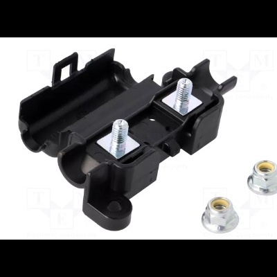 Suporte preto de plástico com porcas de metal prateadas em fundo branco