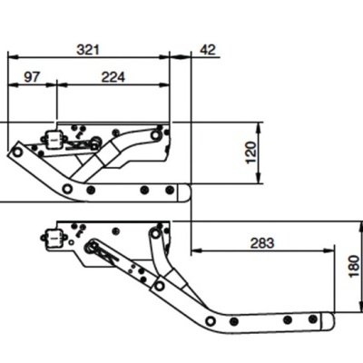 Desenho técnico de mecanismo metálico com articulações e medidas em milímetros.