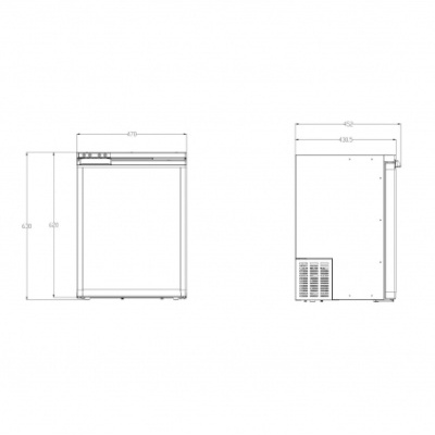 Desenho técnico de frigorífico compacto com dimensões visíveis.