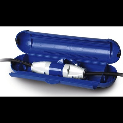 Condutor de cabo elétrico branco e azul em caixa azul aberta