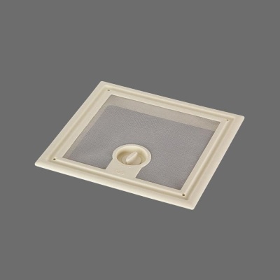 Filtro de ar rectangular com moldura creme e malha metálica com botão giratório