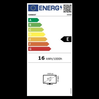 Etiqueta energética para monitor CARBEST com classificação E e consumo 16 kWh/1000h