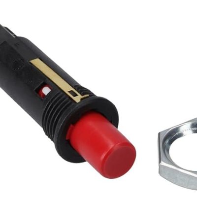 Botão interruptor vermelho com corpo preto e anel metálico separadamente