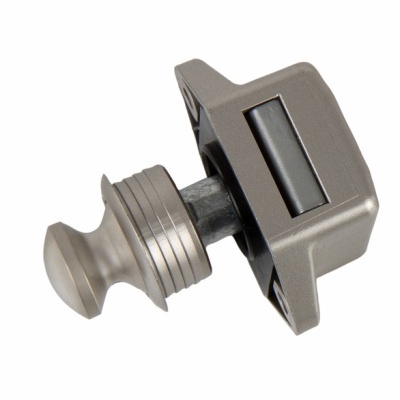 fecho metal cinzento com botão redondo e estrutura retangular