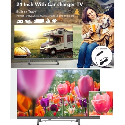 TV SMART TECH 24 polegadas com carregador para carro e imagens promocionais ao ar livre