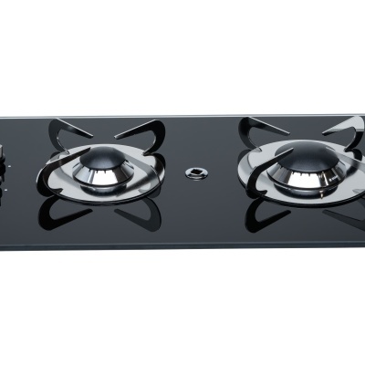 Placa de fogão a gás preta com dois queimadores e botões prateados
