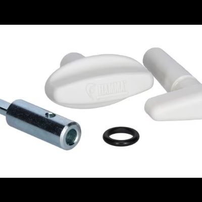 Conjunto de ferramentas com pegas brancas e eixo metálico sobre fundo branco