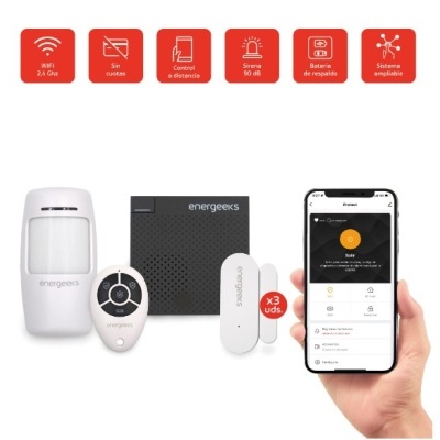 Sistema de segurança Energeeks com sensores, controlo remoto, centro de comando e app móvel