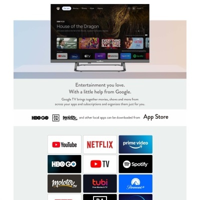 Promoção de Smart TV com Google TV e várias aplicações de streaming visíveis no ecrã