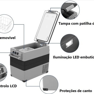 Frigorífico portátil cinza e preto com tampa branca aberta e cesto removível