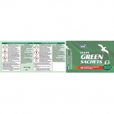 Embalagem verde dos Elsan Green Sachets com texto e ilustrações de gaivotas